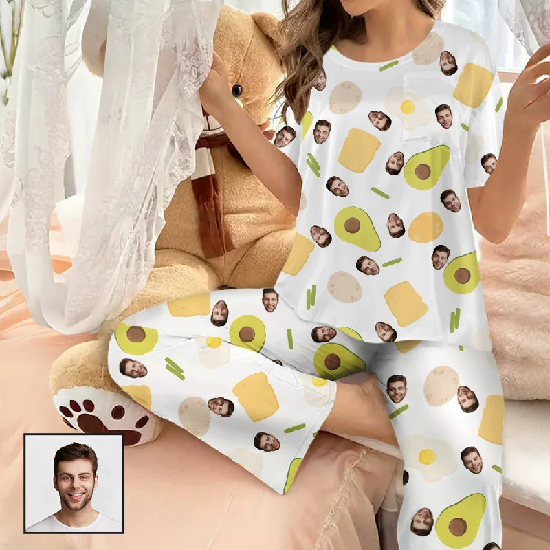 Custom Women's Pocket Short Sleeve&Long Pants Silk Satin Pajama Sets Personalized Face Avocado Nightwear Set Slim-Fit Leggings Custom Women's Pocket Short Sleeve&Long Pants Silk Satin Pajama Sets Personalized Face Avocado Nightwear Set Slim-Fit Leggings