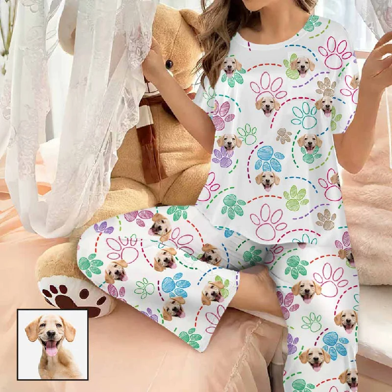 Custom Women's Pocket Short Sleeve&Long Pants Silk Satin Pajama Sets Personalized Face Colorful Pet Paw Nightwear Set Classic Stretch Pants Custom Women's Pocket Short Sleeve&Long Pants Silk Satin Pajama Sets Personalized Face Colorful Pet Paw Nightwear Set Classic Stretch Pants