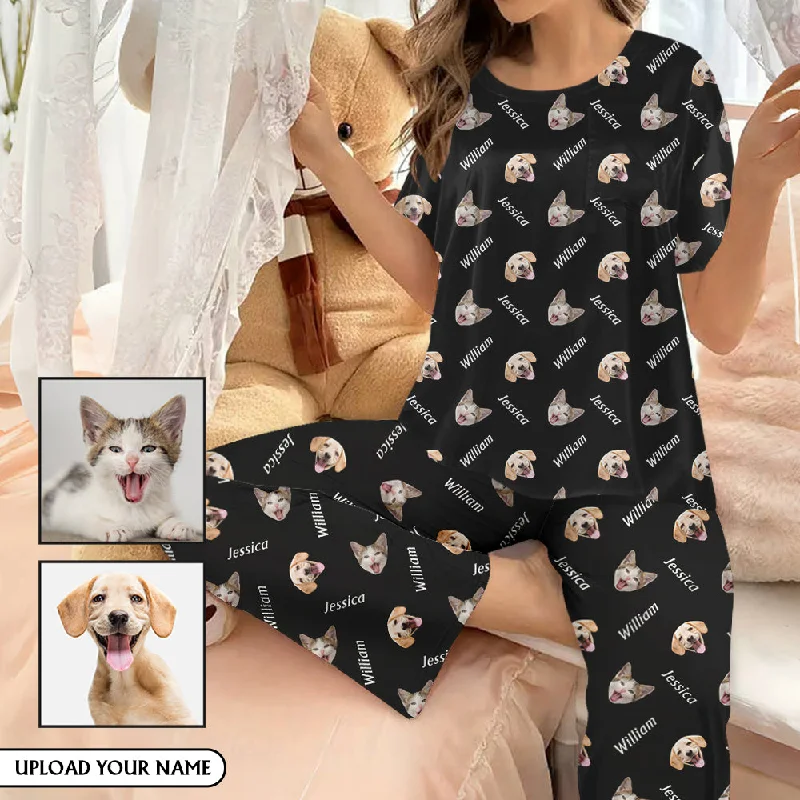Custom Women's Pocket Short Sleeve&Long Pants Silk Satin Pajama Sets Personalized Two Face Name Black Nightwear Set Soft Cotton Pants Custom Women's Pocket Short Sleeve&Long Pants Silk Satin Pajama Sets Personalized Two Face Name Black Nightwear Set Soft Cotton Pants