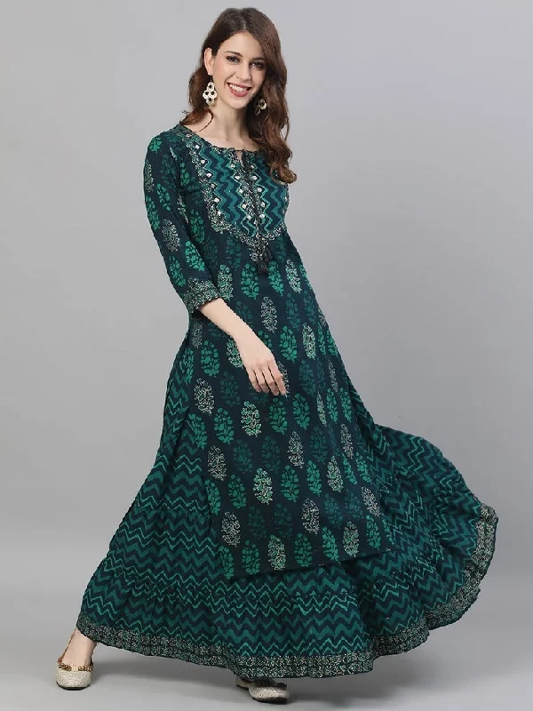Women's Blue-Green Kurta & Skirt Suit Set by Ishin-(2pcs set) corduroy skirt textured Women's Blue-Green Kurta & Skirt Suit Set by Ishin-(2pcs set) corduroy skirt textured