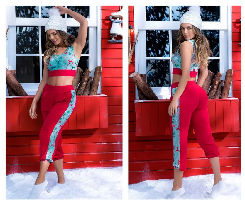 Mapale 7409 Two Piece Pajama Set. Top and Pants Color Red-Mint Print Soft Sweatpants Style Mapale 7409 Two Piece Pajama Set. Top and Pants Color Red-Mint Print Soft Sweatpants Style