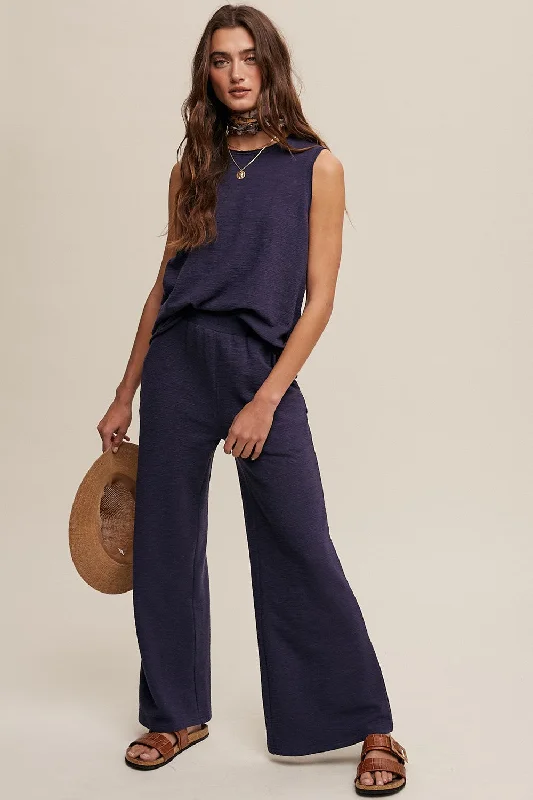 Navy Blue Slub Knit Pants Set Lightweight Linen Pants