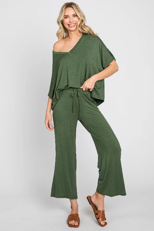 Olive Cropped Pant Set Formal Wide-Leg Pants