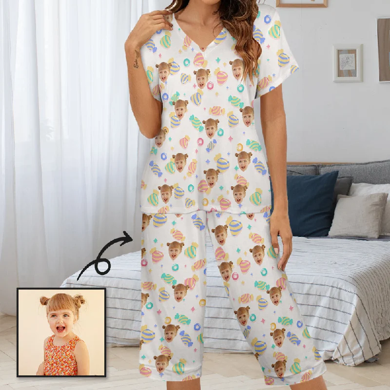 Personalized Any Face Women's Pajama Set Custom Face&Candy On Women's V-Neck Short Sleeve&Capri Pants Pajama Sets Comfy Athletic Pants Personalized Any Face Women's Pajama Set Custom Face&Candy On Women's V-Neck Short Sleeve&Capri Pants Pajama Sets Comfy Athletic Pants