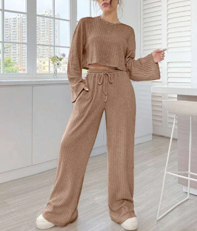 Women's Casual Loungewear Knitted Long Sleeve Top and Pants Outfit Set Casual Drawstring Pants Women's Casual Loungewear Knitted Long Sleeve Top and Pants Outfit Set Casual Drawstring Pants
